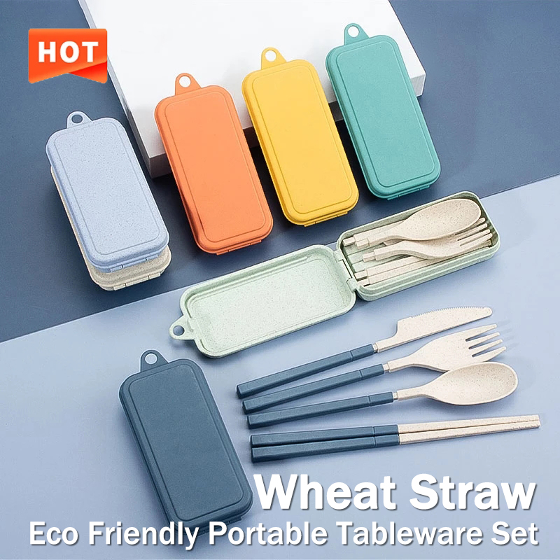 Camping Cooking Cutlery Set - 4Pcs Portable Tableware Set Wheat Straw