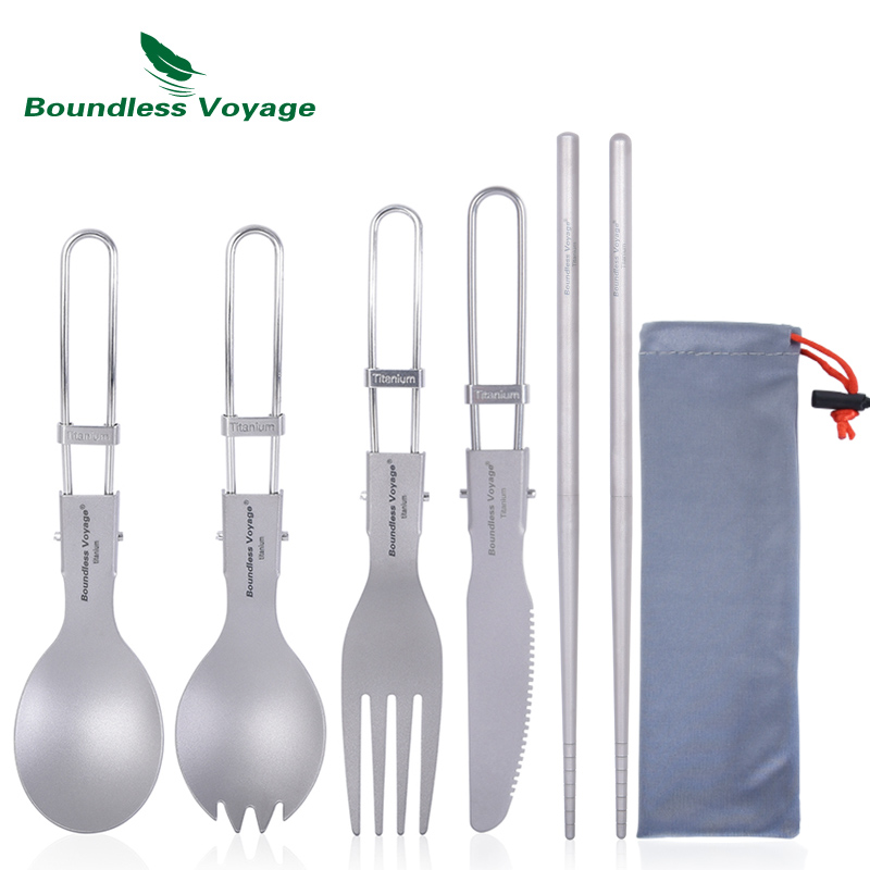 Camping Cooking Cutlery Set - Boundless Voyage Titanium Camping Cutlery Folding