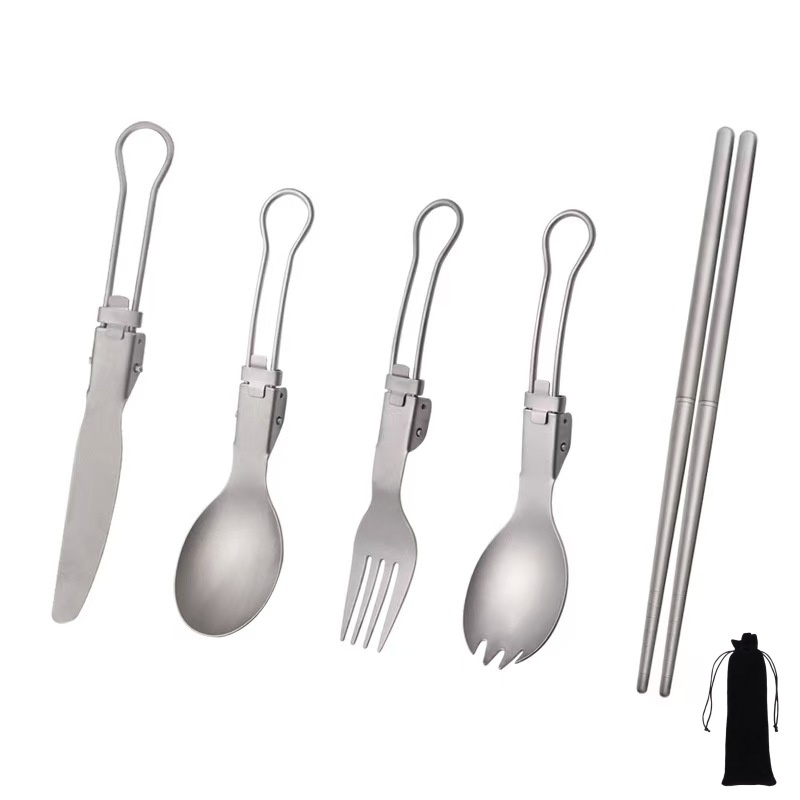 Camping Cooking Cutlery Set - Titanium Foldable Utensil Set with Fork