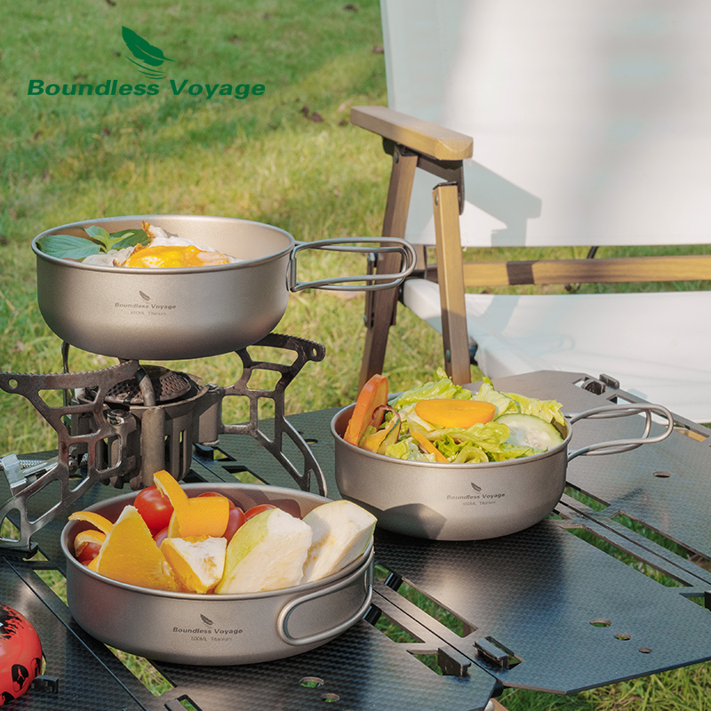 Camping Cooking Pots And Pans Set - Boundless Voyage Titanium Camping Cooking Set